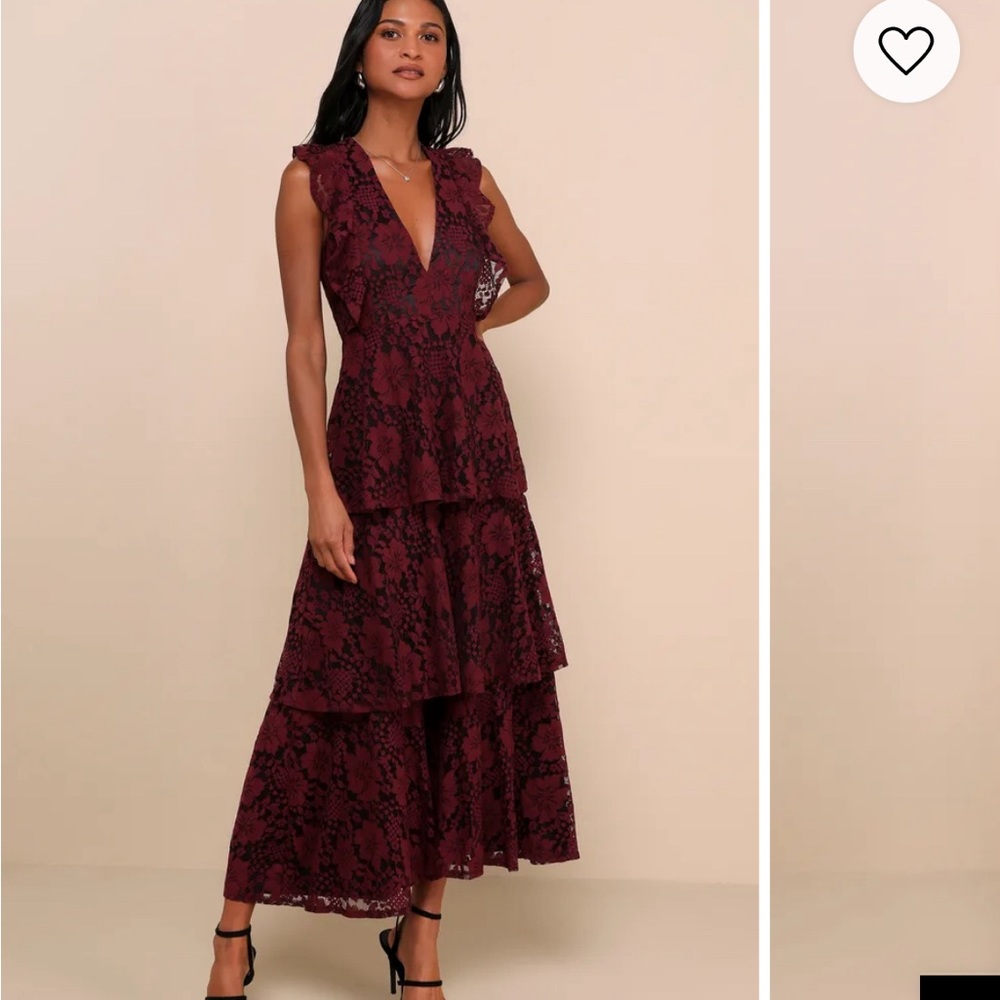 Lulus Molinetto Burgundy Lace Ruffled Tiered Sleeveless XS Maxi Dress